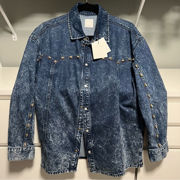 NWT Sandro Stane Denim Rhinestone Pearl Shirt Midnight Blue Western Jacket US 8 - Picture 7 of 16
